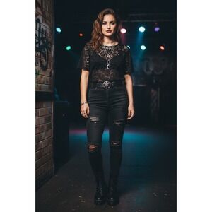 Lace Floral Vintage Top Black Sheer Glam Rock Dark Romance LARGE Blouse 90s 80s